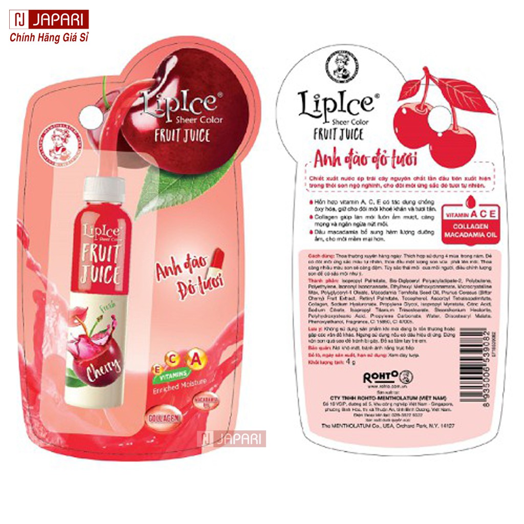 Son Dưỡng Môi Lipice Sheer Color Fruit Juice Có Màu CHÍNH HÃNG ROHTO Nhật Bản Dưỡng Ẩm Môi Cho Học Sinh Vitamin C JAPARI