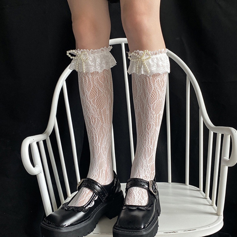 XIXI Vớ dài ngang gối phối ren nhún bèo đính ngọc trai phong cách Harajuku Nhật Bản dễ thương cho nữ
