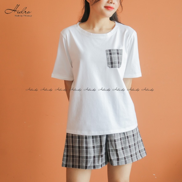 Bộ Ngủ Áo Phông Túi Phối Mix Quần Kẻ Caro Chất Cotton Siêu Mát