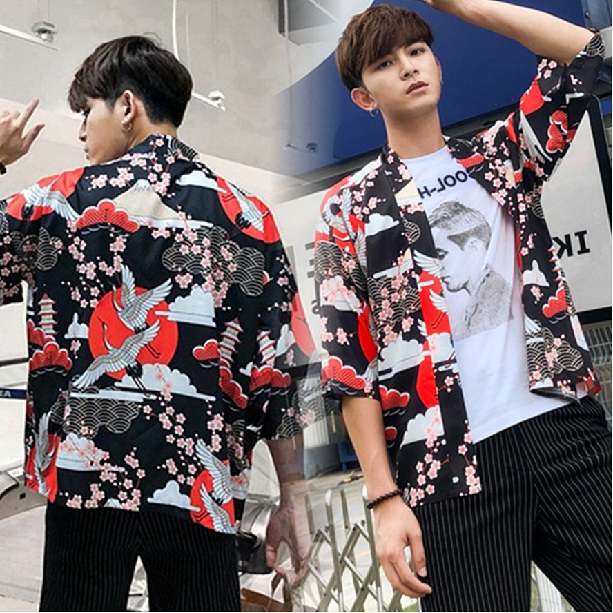Áo khoác kimono haori happi in hạc và hoa anh đào