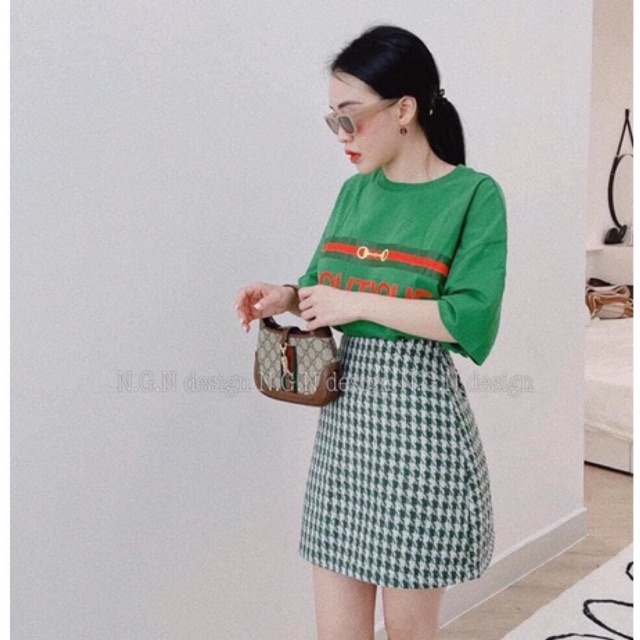 SET ÁO PHÔNG GUCC MIX CHÂN VÁY HOẠ TIẾT RĂNG SÓI DÁNG A SIÊU HOT