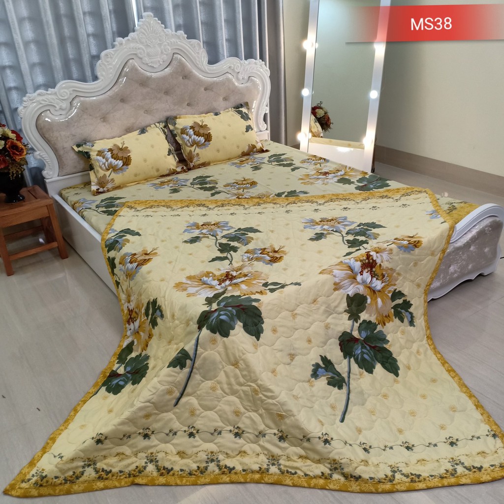 Bộ Ga Gối Poly Cotton cúc vàng loại đẹp bo chun đủ kích thước + vỏ gối ôm, chất mềm, không phai, không xù lông.