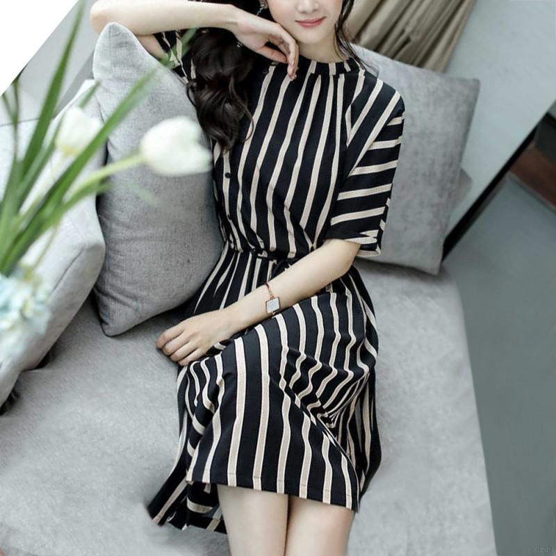 Đầm tay lỡ thắt eo kẻ sọc cho nữ đầm hoa váy hoa nhí | BigBuy360 - bigbuy360.vn