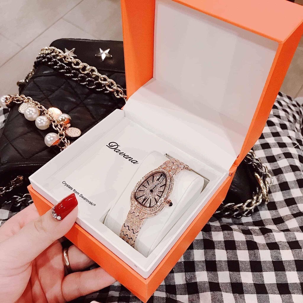 Đồng Hồ Davena Nữ D61595 Kiểu Mặt Rắn Full Đá 23.5x31.5mm Rose Gold Chính Hãng