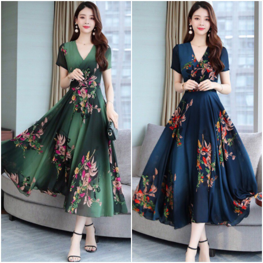 Đầm xoè hoạ tiết cổ V hoa sang trọng