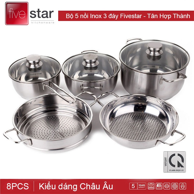 Bộ 5 nồi chảo Inox 3 đáy Fivestar nắp kính dùng bếp từ