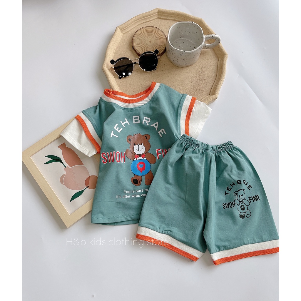 Bộ cộc tay chất Cotton tàu phiên bản gấu nâu phối bo cực đẹp thoáng mát mùa hè cho bé