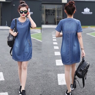 Đầm jean suông cổ tròn phối dây kéo túi kèm ảnh thật
