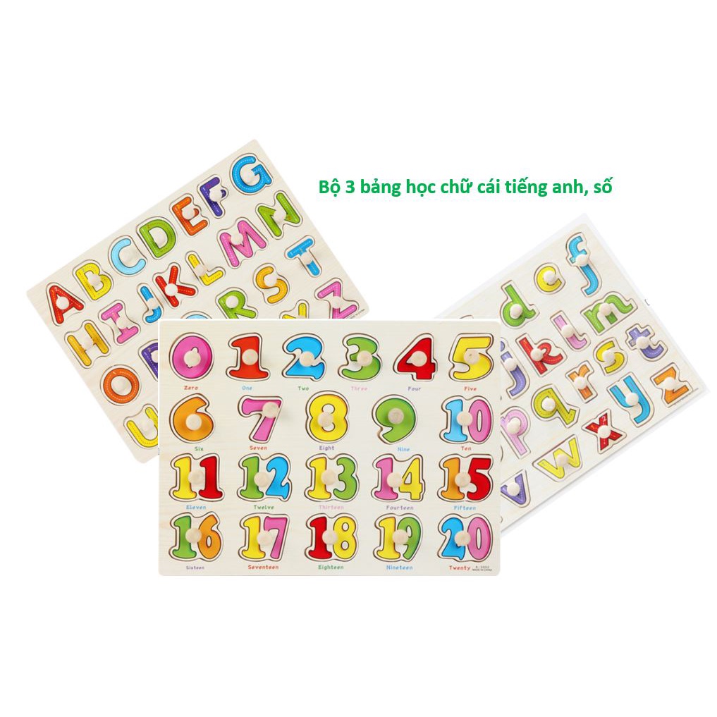 COMBO 3 BẢNG GỖ CÓ NÚM CHỮ CÁI HOA + THƯỜNG + 20 SỐ