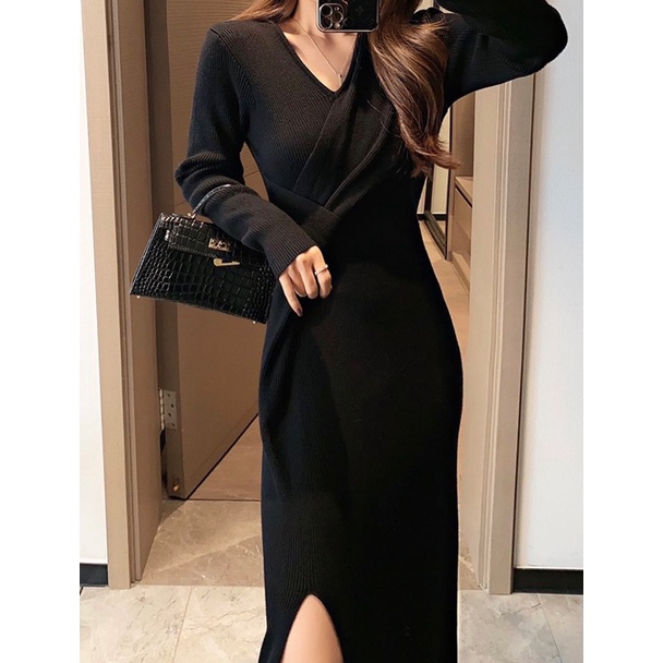 Đầm dệt kim ôm dáng dài qua gối thiết kế mới đơn giản thời trang