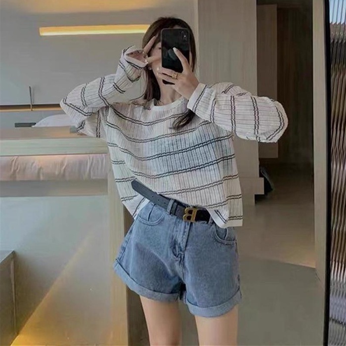 Áo len ZHELIHANGFEI tay dài dáng rộng họa tiết kẻ sọc trắng đen dễ phối đồ thời trang