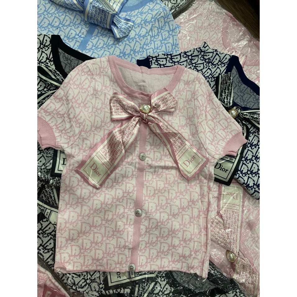 Len dệt kim tay ngắn dior gắn nơ