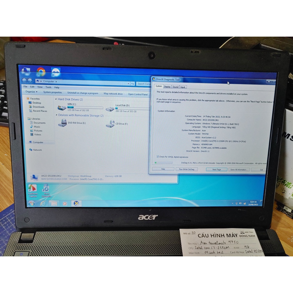 Laptop cũ acer travelmate 4750 màn led 14inch/core i3 gen 2/ram 4G/ SSD 120G windows 10 64bit