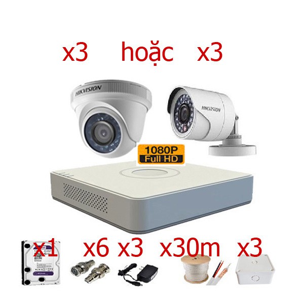 Trọn bộ 3 Camera Hikvision FULL HD1080P (2MP)