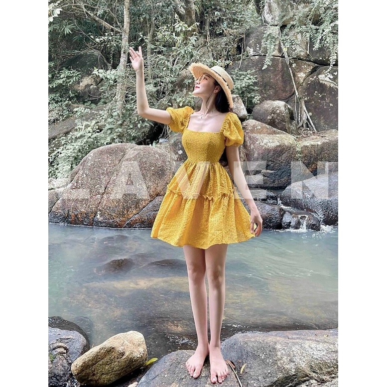 Đầm xòe tay phồng rút dây lưng tiểu thư chất xốp chỉ thái siêu đẹp_vay xop xoe