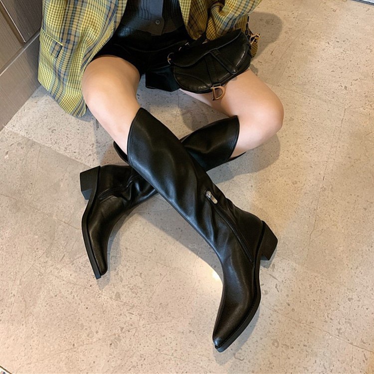 Ielgy Giày Bốt Cao Qua Gối Mũi Nhọn Gót Dày Màu Trắng Phong Cách Hàn Quốc Cổ Điển Thời Trang Cho Nữ