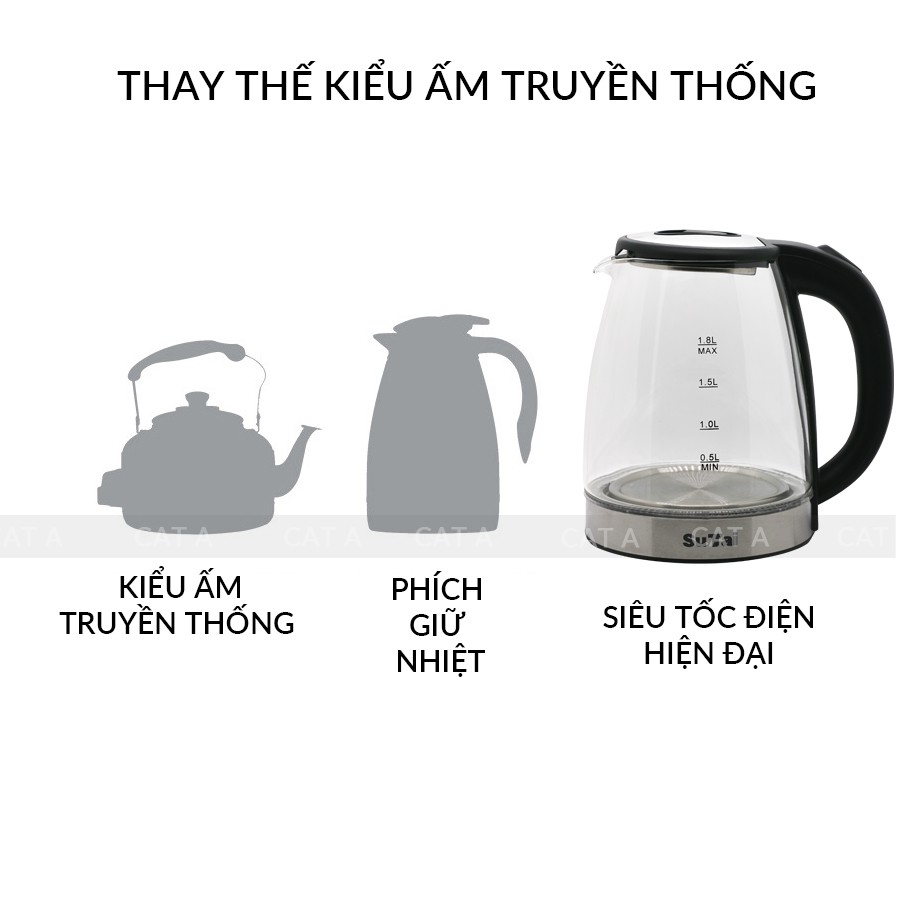 Ấm siêu tốc Thủy tinh trong suốt & INOX CAO CẤP SUTAI Dung tích 2- 2.3L - Sang trọng, Tiết kiệm điện, có đèn LED !