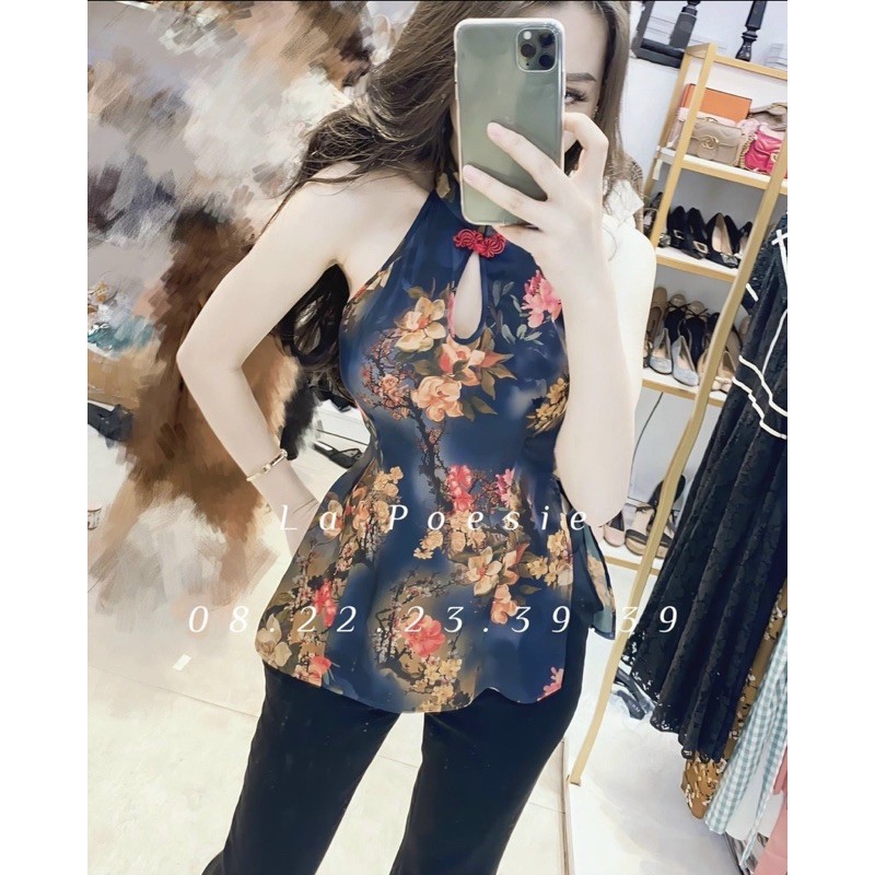 set áo hoa cổ tàu quần legging ôm
