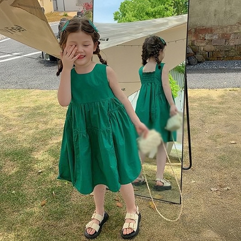 Đầm Công Chúa Hai Dây Không Tay Màu Trơn Thời Trang Mùa Hè Dành Cho Bé Gái Se7en