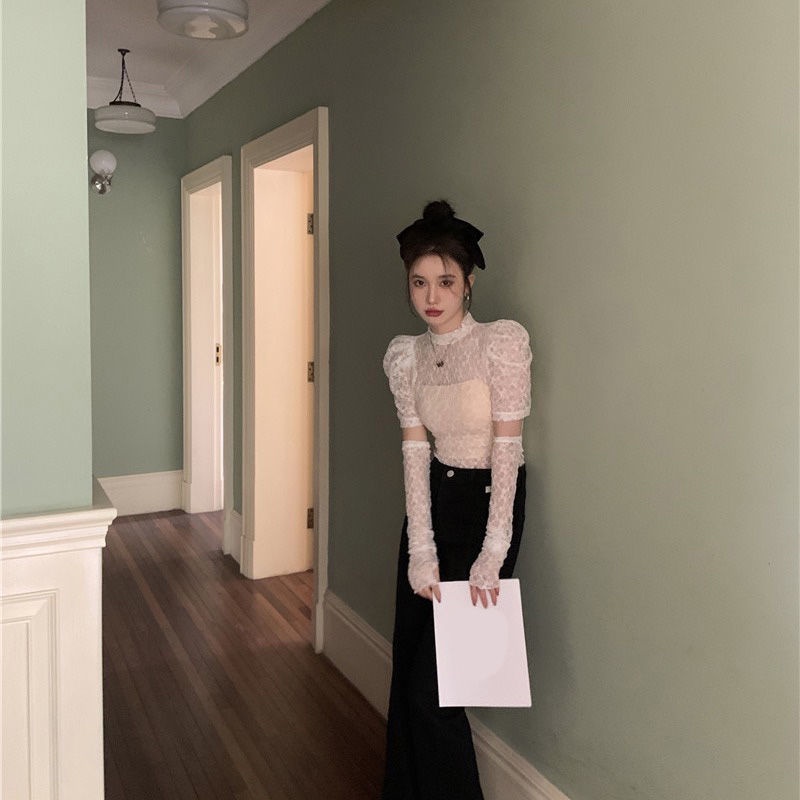 Cổ Phiếu Sẵn Sàng❤Ah F &amp; X Áo Sơ Mi Voan Mỏng Tay Phồng Cổ Tròn Phối Ren Phong Cách Pháp Thời Trang Mùa Hè Cho Nữ