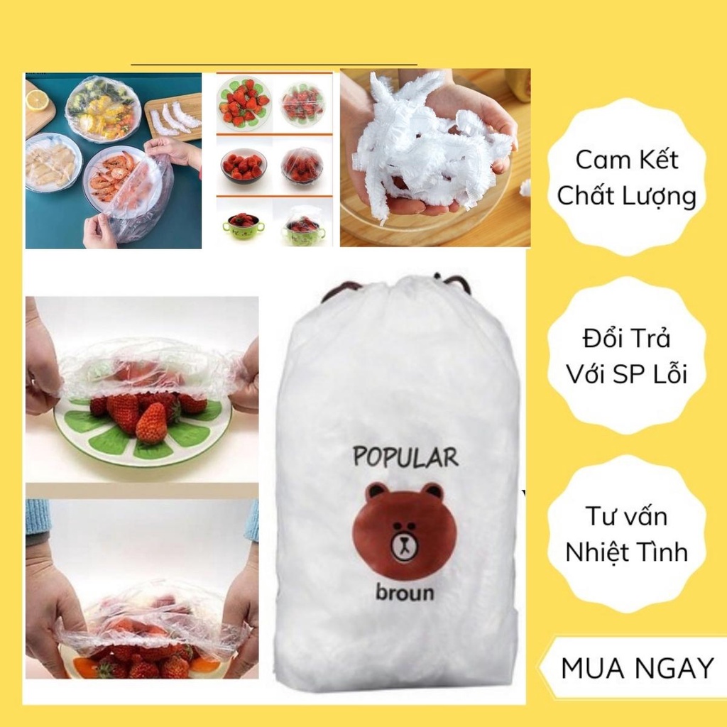 Combo 100 Màng Bọc Thực Phẩm PE Túi Gấu, Màng Bọc Thực Phẩm An Toàn Vệ Sinh Co Giản Siêu Dai Có Chun Hình Túi Gấu.