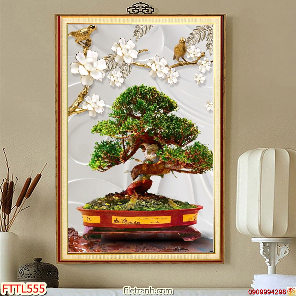 TRANH DÁN TƯỜNG CHẬU BON SAI,TRANH CHẬU CÂY CẢNH IN 3D