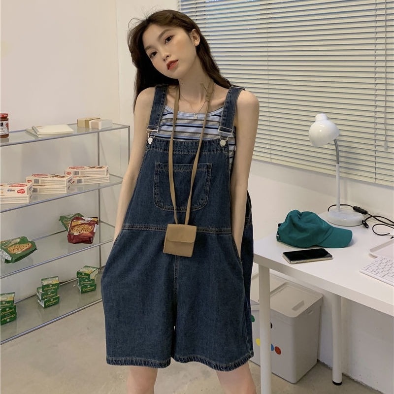 Quần yếm denim ống rộng lưng cao thời trang cho nữ