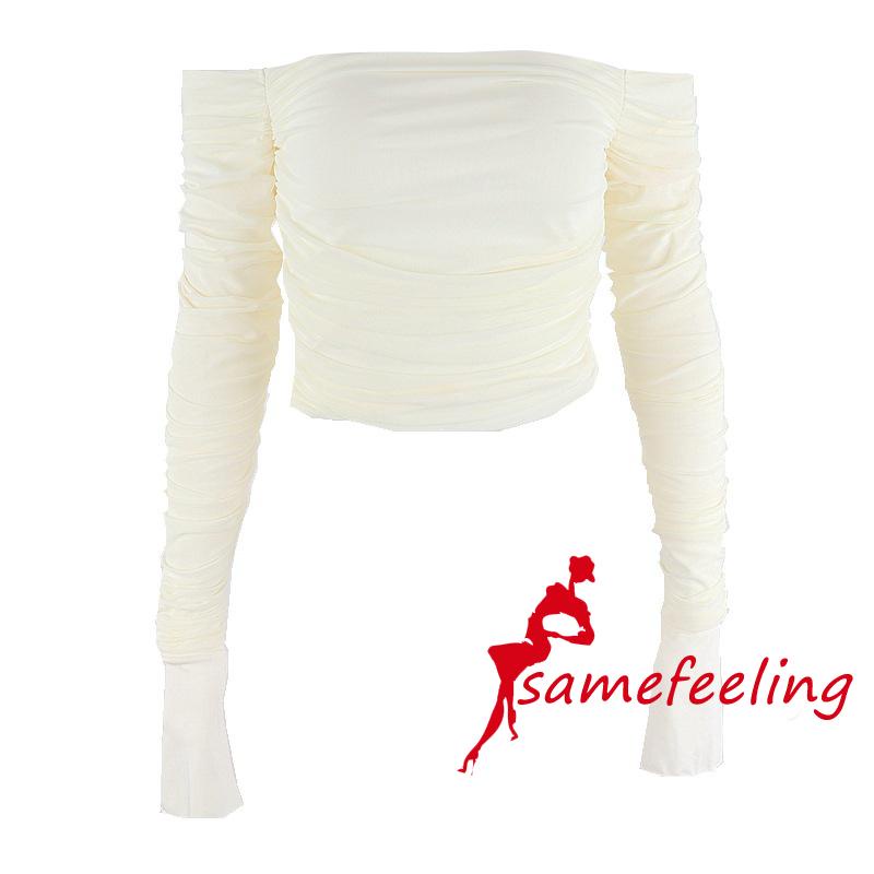 Sf-Phụ nữ mùa hè Top Pure tiếp xúc vai lưới dài tay áo xếp li mỏng áo thun ngắn Màu đặc