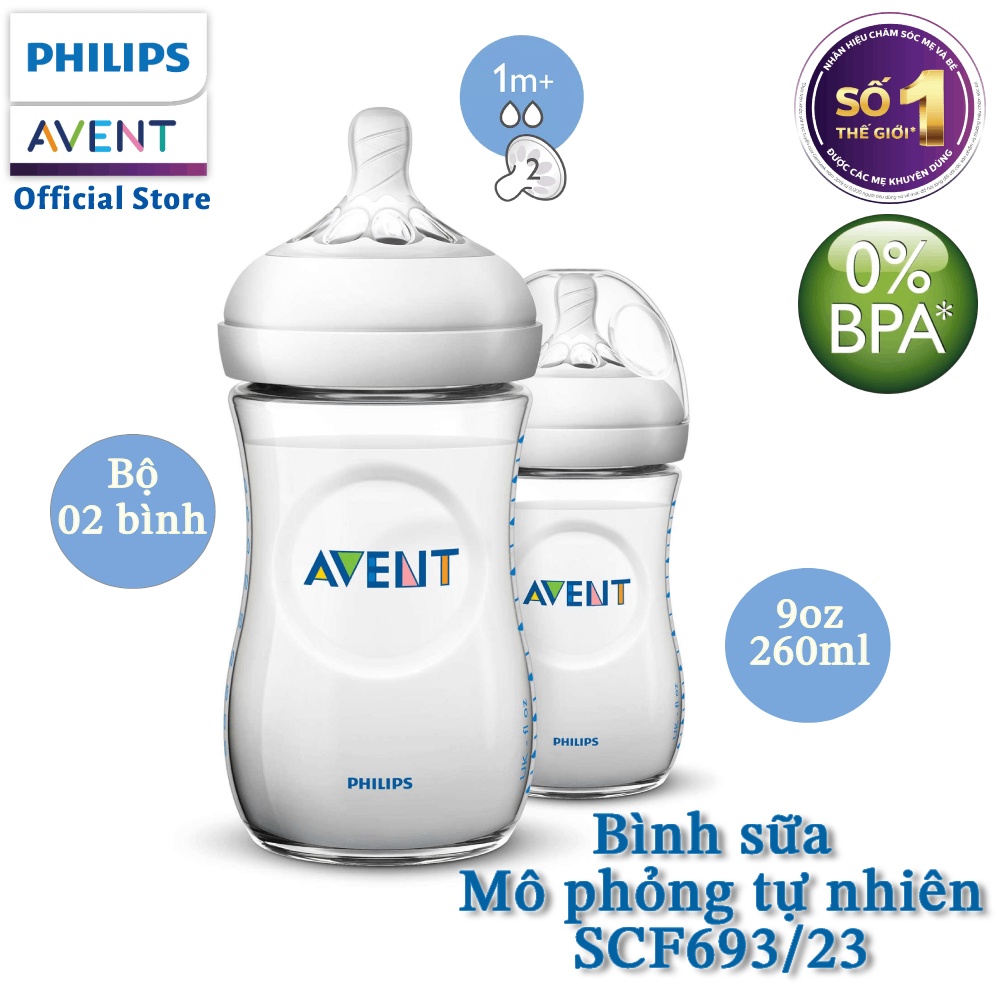 Combo 2 bình sữa Philips Avent bằng nhựa không có BPA (Bình 260ml) thiết kế mô phỏng tự nhiên SCF693/23