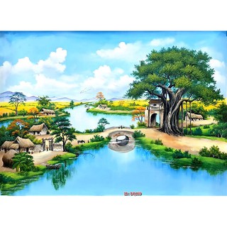 Tranh dán tường Tranh đồng quê cổng làng quê hương, tranh dán tường 3d hiện đại - tích hợp sẵn keo