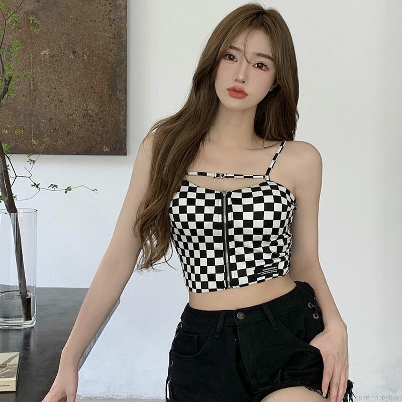 Áo croptop hai dây có khóa kéo họa tiết sọc caro thiết kế mỏng thời trang quyến rũ sành điệu cho nữ