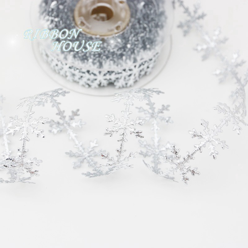 (Cuộn 10m / Cuộn Dây Ruy Băng Ren Hoa Tuyết Màu Bạc / Vàng Trang Trí Giáng Sinh