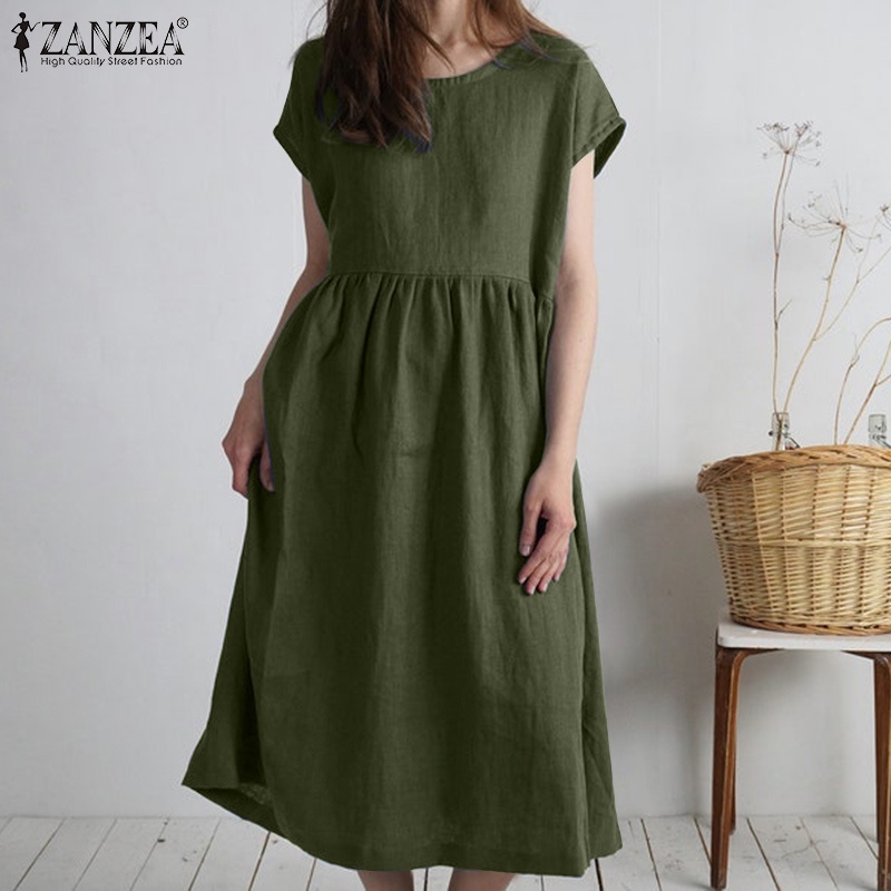 Đầm Dài Tay Ngắn Màu Trơn Có Túi Thời Trang Cho Nữ ZANZEA