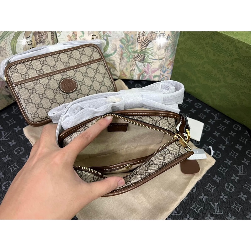 💥HÀNG 1:1💥Túi đeo Gucc.ii vân hoa da thật FULLBOX_Tuie Gucc.ii đeo chéo vai vân hoa nâu-Hàng xuất khẩu New