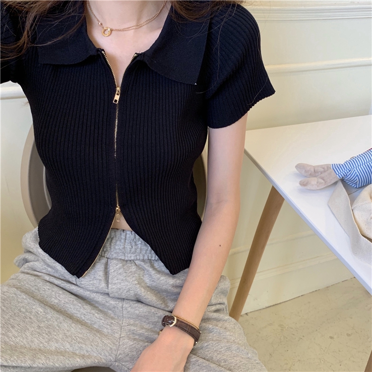 SUXI Áo Dệt Kim Ngắn Tay Phối Khóa Kéo Thời Trang Hàn Quốc Cho Nữ