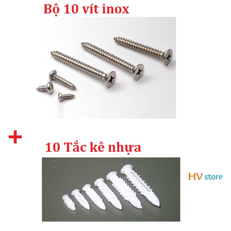 Gói 10 vít inox và 10 tắc kê nhựa các kích cỡ