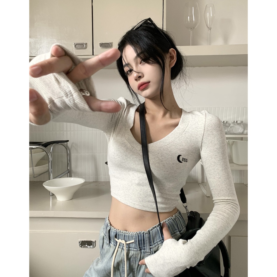 Áo Thun Lửng Tay Dài Cổ V Thêu Hình Mặt Trăng Thời Trang Mùa Thu Cho Nữ