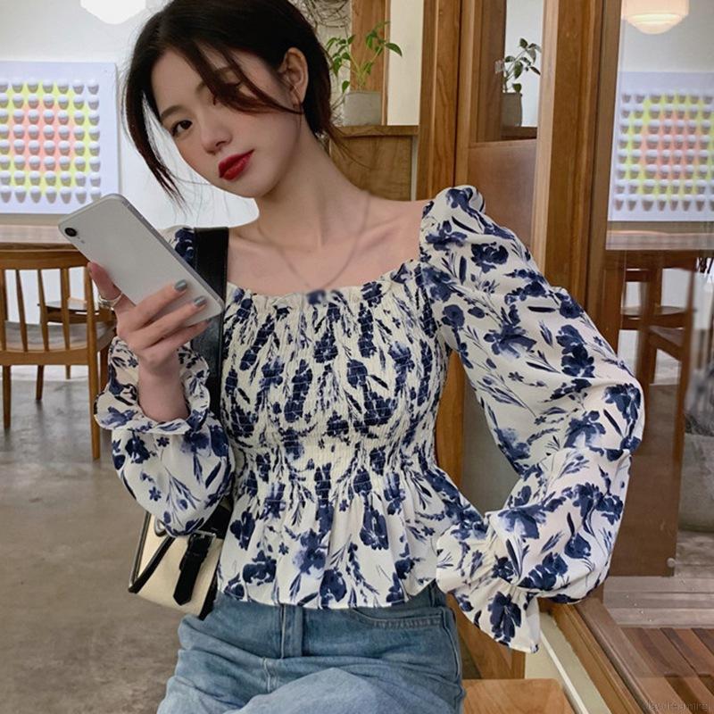 Áo Kiểu Chất Chiffon Cổ Vuông Hoạ Tiết Hoa Nữ Tính