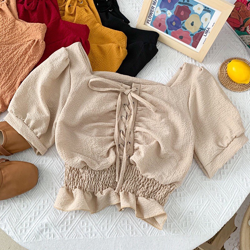 Áo kiểu nữ dáng croptop cổ vuông tay bồng đan dây ngực chun eo mặc hai kiểu phong cách Hàn Quốc xinh xắn