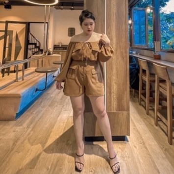 Set bộ áo trễ vai nhún thun tay dài quần short bigsize Mèo Mập Clothes chất đũi Hàn mịn mát