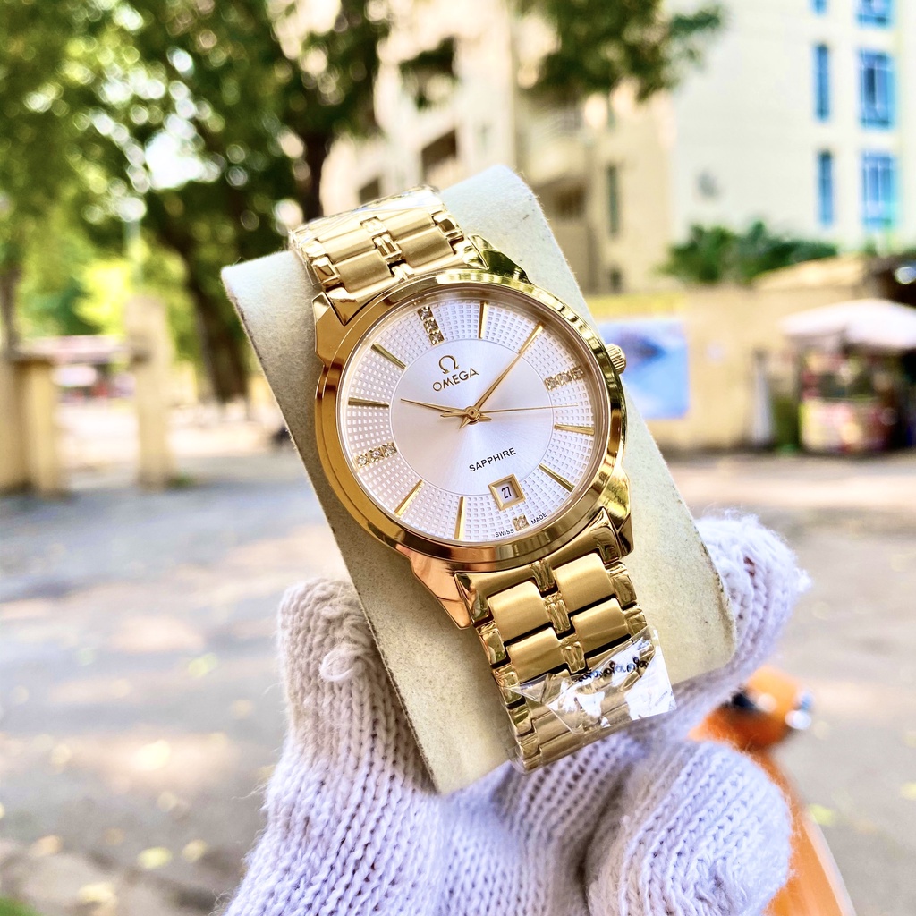Đồng hồ nam Omega mặt số đính đá, dây thép khung thép, mặt kính Sapphire, thiết kế sang trọng, trẻ trung d
