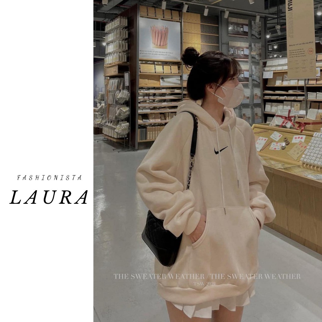 Áo hoodies nữ nỉ bông N ike 5 màu dáng thụng tay bo có mũ Laura Boutique - Áo hoodies nỉ bông nữ 5 màu