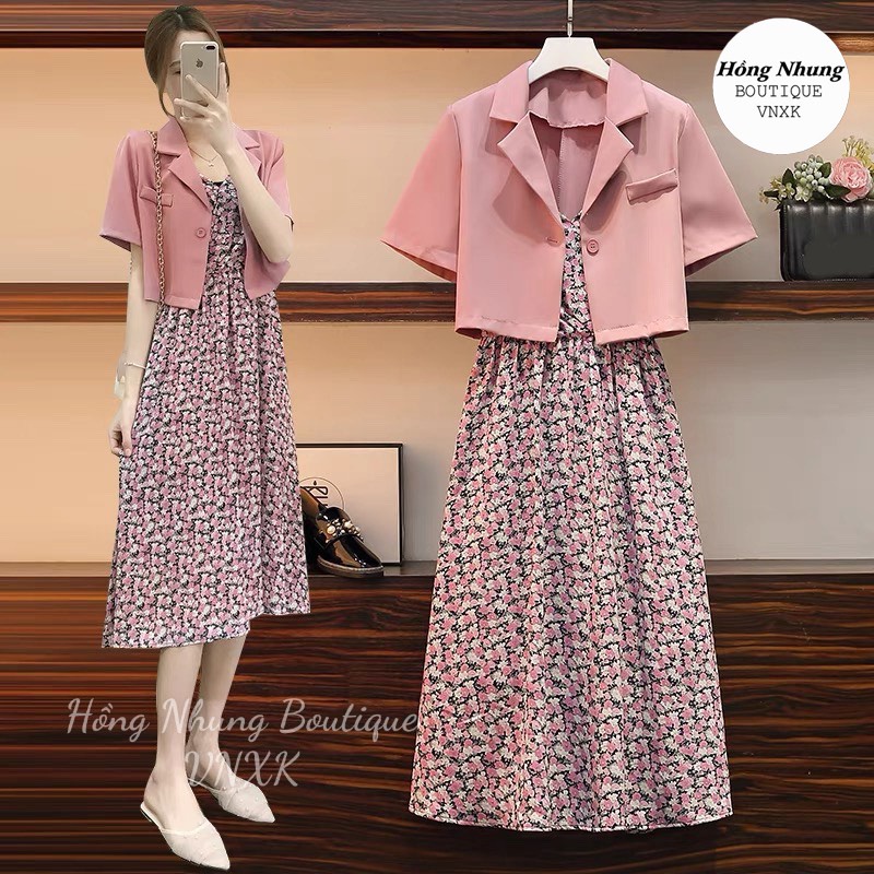 Sét Váy Hai Dây Hoa Nhí Hồng Kết Hợp Aó Vest ,Bộ đầm hoa nhí Hồng, Sét Vest Hồng