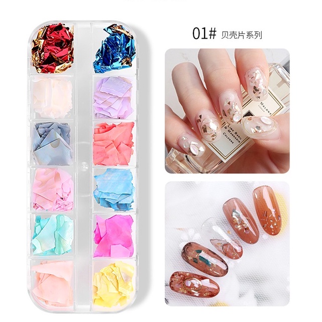 Xà cừ nail khay mix giấy nhún đá sỏi đính móng Yapas x Pinpai , Set xà cừ vân đá mix màu trang trí móng chuyên dụng