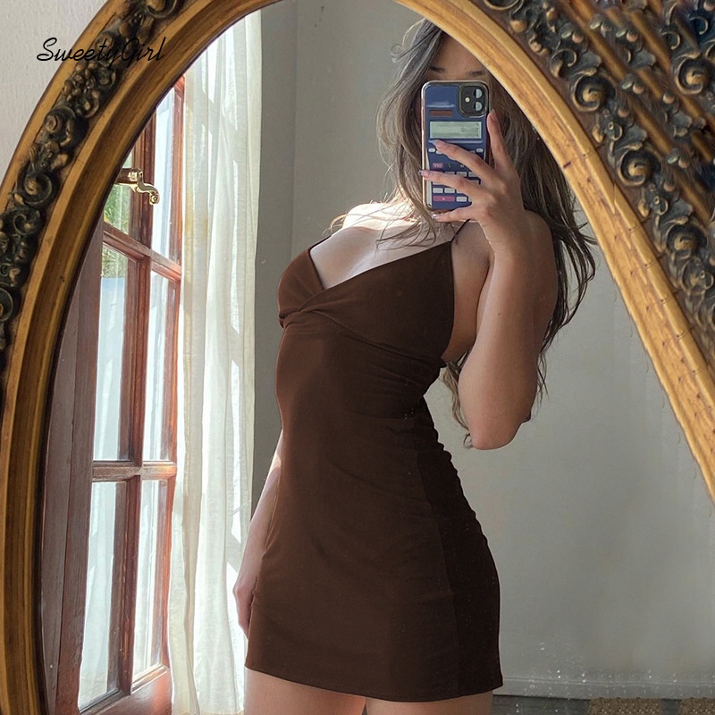 Đầm Ôm Hai Dây Cổ Chữ V Hở Lưng Thời Trang Gợi Cảm Cho Nữ