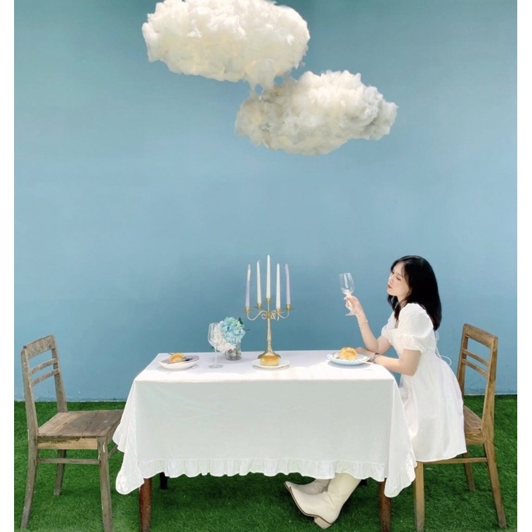 Khăn Trải Bàn Vải Trắng Nhún Bèo Vintage