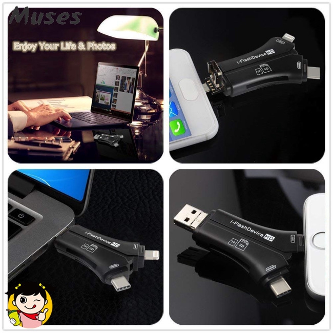 Muse07 4 in 1 iPhone/Micro usb/USB Type-c/USB SD Card Reader for iPhone iPad Mac & Android, SD & Micro SD,