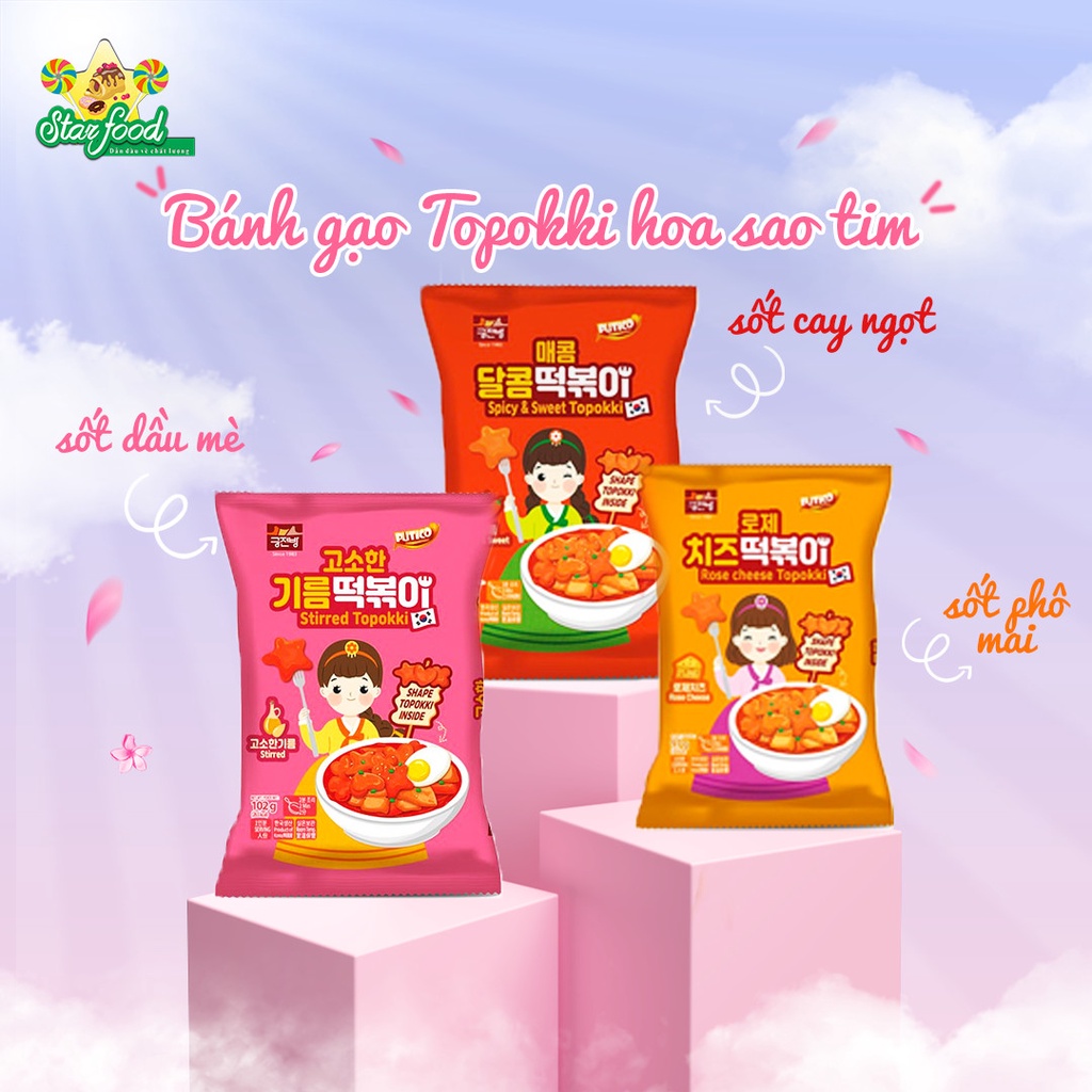 (3 vị) Gói Bánh Gạo Topokki Hoa Sao Tim Nhập Khẩu Hàn Quốc Đậm Đà các sốt (dầu mè, cay ngọt, phô mai)