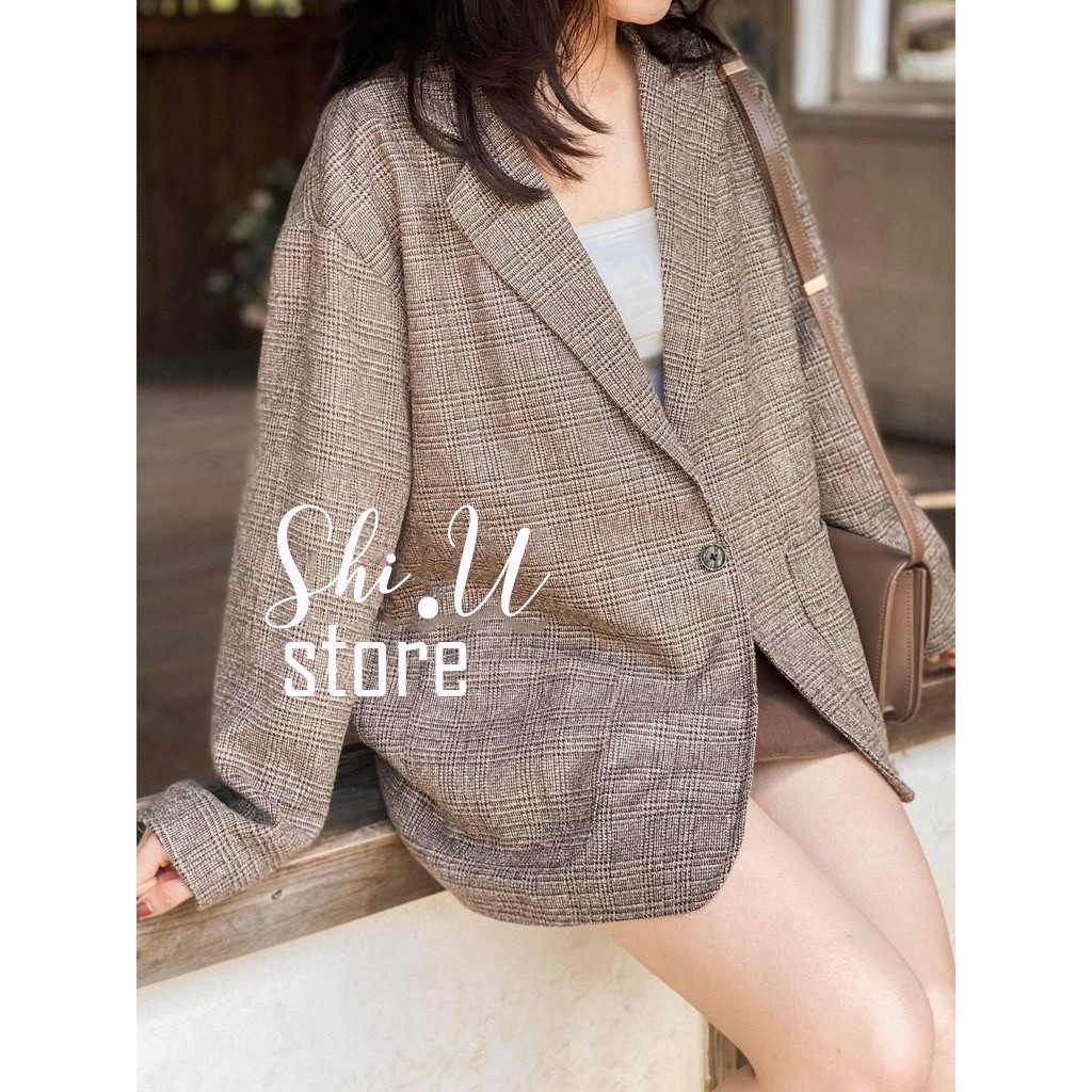 Áo Khoác Nữ Áo Blazer Nữ Chất Dạ Kẻ Ô Dáng Rộng 2 Lớp Dày Dặn Phong Cách Hàn Quốc