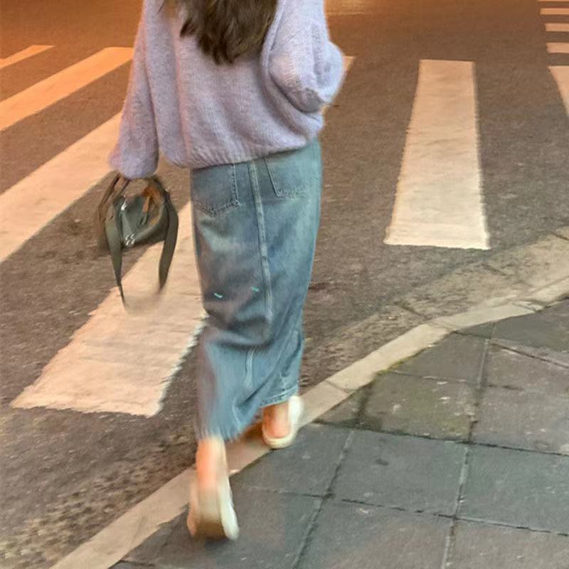 COZOK Chân váy jean Lưng Cao Xẻ Tà Phong Cách Vintage